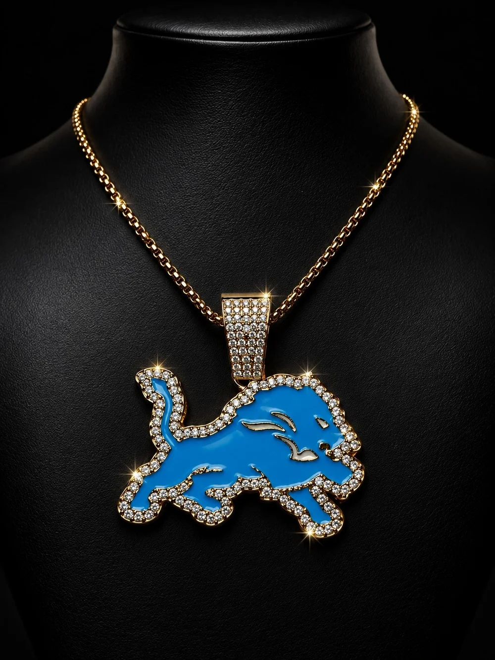 Detroit Lions Blue Lion Pendant Necklace Gold Tone Iced CZ Style Chain